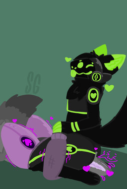 anthro duo facesitting hand_on_leg hand_on_thigh heart_symbol machine male male/male sitting sitting_on_another tongue tongue_out sandwich_grill protogen hi_res