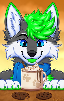 anthro beverage black_nose blue_eyes blue_scarf brown_table candy cheek_tuft chocolate chocolate_chip_cookie chocolate_chips chocolate_sauce chocolate_sprinkles colored_nails container cookie cup dessert facial_tuft food footprint fur furniture green_body green_fur green_hair green_nails green_paws green_tongue grey_body grey_fur hair hot_beverage hot_chocolate looking_down male mug nails neck_tuft pawprint scarf solo spiky_hair sunset_background table tongue tuft white_body white_fur kirohusky kory_the_fox canid canine fox mammal hi_res