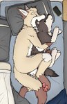 absurd_res anthro bed brown_spots canid canine canis cozy cuddling curled_up electronics eyes_closed fur furniture hi_res laserkitten lazer_(laserkitten) male mammal multicolored_body multicolored_fur nude pawpads paws phone plushie sleeping solo spots tan_body tan_fur wolf wolf_plushie