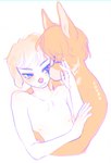 anthro duo floppy_ears front_view gradient_hair hair hug kissing male mouth_closed multicolored_hair nipples orange_body orange_eyes orange_hair orange_nose short_hair side_view simple_background two_tone_hair white_background white_body white_hair sonyan canid canine mammal hi_res