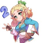 5_fingers ambiguous_gender blonde_hair blush breasts clothing duo female fingerless_gloves fingers gesture gloves green_eyes hair hand_gesture handwear humanoid_pointy_ears pointy_ears simple_background smile v_sign white_background nin10ja breath_of_the_wild nintendo the_legend_of_zelda princess_zelda amphibian frog humanoid hylian 2021 absurd_res hi_res signature