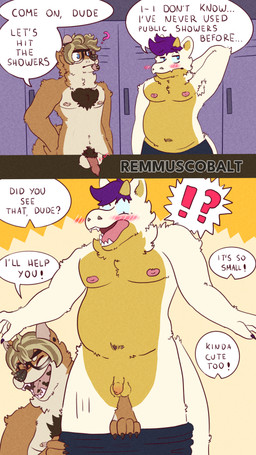 anthro assisted_exposure balls belly body_hair chest_hair clothing dialogue dressing embarrassed exposed eyewear foreskin genitals glasses group humiliation locker_room male male/male pantsing penis small_penis text undressing unretracted_foreskin remmus_cobalt mythology ataridoge belmo canid canine canis domestic_dog dragon mammal mythological_creature mythological_scalie scalie shiba_inu spitz 4k 9:16 absurd_res comic english_text hi_res