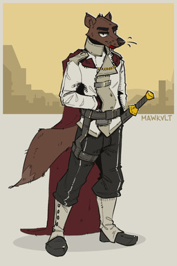 anthro boots brown_body brown_fur cape city city_background cityscape clothing ears_up footwear fur hand_in_pocket harness looking_at_viewer male melee_weapon pockets red_cape red_clothing shoes smile smiling_at_viewer solo sword tail tongue tongue_out weapon mawkvlt isaac_(tormentoryarvin) 2:3 hi_res