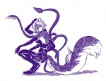 anthro armwear back_tentacles belly breasts clothing countershading crouching digitigrade elbow_gloves female fluffy fluffy_tail fur gloves hair handwear latex legwear markings multi_arm multi_limb shadow short_hair side_view simple_background smile solo spots spotted_body spotted_fur tail tentacles thigh_highs white_background white_belly thetiedtigress dungeons_and_dragons hasbro wizards_of_the_coast snow_(wolphin) cephalopod displacer_beast felid hybrid mammal marine mollusk pantherine snow_leopard monochrome