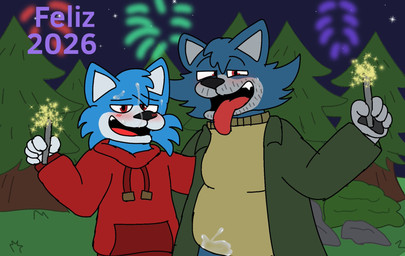 ahegao anthro bengals black_nose blue_bottomwear blue_clothing blue_pants blush bodily_fluids bottomwear brown_jumper clothing cum duo evergreen_tree fireworks genital_fluids grass jacket looking_pleasured male male/male night pants pine_tree plant red_clothing red_eyes red_jacket red_topwear simple_background star text topwear tree iriamu_okami new_year_2026 iriamu iriamu's_father canid canine canis mammal wolf hi_res spanish_text