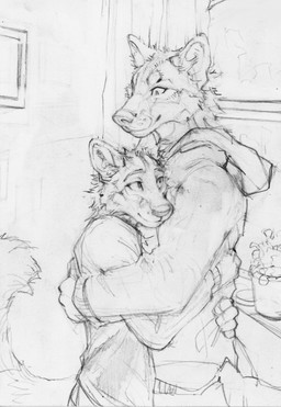 anthro cheek_tuft closed_smile clothed clothing duo facial_tuft hoodie hug male mouth_closed neck_tuft side_view smile topwear tuft akatan_art canid canine mammal hi_res monochrome