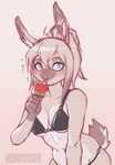 anthro bangs bikini bikini_bottom bikini_top black_bikini black_clothing black_swimwear blonde_hair blue_eyes blush breasts brown_body brown_fur cheek_tuft clothed clothing facial_tuft female fluffy fluffy_tail food fruit fur hair inner_ear_fluff leaning leaning_forward licking_popsicle looking_at_viewer melon navel open_mouth plant ponytail popsicle question_mark simple_background skimpy solo swimwear tail tan_body tan_fur tongue tongue_out tuft two-piece_swimsuit under_boob watermelon watermelon_popsicle watermelon_slice conditional_dnp nikoyishi myra_(bakedbunny) lagomorph leporid mammal rabbit 2023 absurd_res digital_media_(artwork) hi_res sketch