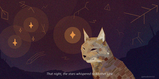ambiguous_gender constellation dot_eyes feral fur glowing night outside pointy_ears prick_ears simple_eyes sky solo star starry_sky tan_body tan_fur text pikanikasketch might_and_delight shelter_(game_series) inna_(shelter_2) felid feline lynx mammal 2:1 hi_res lineless signature female_(lore)