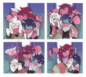 2_horns 3_toes anthro axe barefoot blue_body blue_skin blush bracelet claws eyewear feet female fur glasses group hindpaw horn jewelry male melee_weapon pawpads paws pink_body pink_pawpads pink_scales plantigrade scales soles spiked_bracelet spikes toes trio weapon white_body white_fur corogarucoromo deltarune undertale_(series) kris_dreemurr ralsei susie_(deltarune) bovid caprine goat human mammal reptile scalie absurd_res comic hi_res