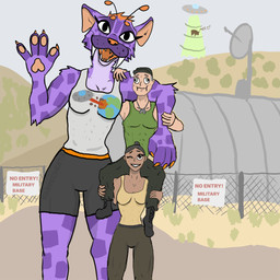 abs alien_abduction anthro arm_on_back arm_tuft boots bottomwear breasts building butt carrying_another claws clothed clothing derp_eyes detailed_background dog_tags elbow_tuft eyelashes eyeshadow fangs female fence footwear freckles fur fur_markings gesture green_clothing group hair hat head_markings head_tuft headgear headwear hill humor larger_anthro long_hair looking_at_viewer looking_up looking_up_at_another makeup male markings military muscular muscular_female muscular_male on_shoulders one_eye_closed open_mouth open_smile orange_nose pants pawpads plant ponytail pose posing_for_picture purple_body purple_fur road sabertooth_(anatomy) satellite_dish shirt shoes short_hair shorts shrub sign sitting sitting_on_another size_difference sky smaller_human smile spacecraft squeezing standing tank_top teeth text topwear tractor_beam trio tuft vehicle warning_sign waving white_clothing wink worried yellow_clothing sabrecheeta area_51 zogxx(sabrecheeta) alien felid human mammal 1:1 digital_media_(artwork) english_text krita_(artwork)