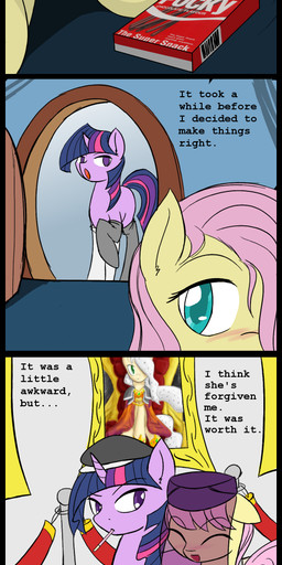 box clothing comic cyan_eyes duo english_text equine female fluttershy_(mlp) friendship_is_magic fur hair hair_over_eye hat horn horse lesbian mammal multi-colored_hair my_little_pony pegasus pink_hair pocky pony purple_eyes purple_fur stockings text thattagen twilight_sparkle_(mlp) unicorn wedding wings yellow_fur
Rating: Safe
Score: 8
User: Fluttershy
Date: February 18, 2014