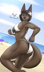 5_fingers abs annoyed anthro athletic athletic_anthro athletic_female beach big_breasts bikini bikini_bottom bikini_pull bikini_top black_hair black_nose bleached_fur breasts brown_body brown_fur butt clothed clothed_anthro clothed_female clothing clothing_pull day female fingers fur hair humanoid_hands nipples outside sand sea solo suntan swimwear swimwear_pull tan_line teeth text tongue two-piece_swimsuit water cayo anaya canid canine canis jackal mammal 2024 english_text hi_res