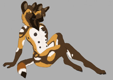 2_heads anthro breasts conjoined female fur grey_background hair multi_breast multi_head nude simple_background smile solo tail skullsbesan carson_and_caroline_halligan african_wild_dog canid canine mammal digital_media_(artwork) hi_res sibling_(lore)