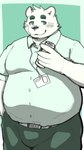 anthro belly big_belly blush bottomwear can clothing container humanoid_hands kemono male overweight overweight_male pants shirt simple_background solo topwear menmen_kesinn bear mammal 2022 9:16 hi_res