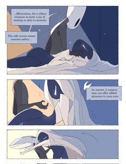 anthro bed bedroom biped black_body black_eyes blush blush_lines bodily_fluids border bottomless bottomless_female bottomless_humanoid caressing_face clothed clothing detailed_background dialogue duo empty_eyes eye_contact female female/female female_anthro female_humanoid furniture hair hair_down hug hugging_another humanoid_on_anthro inside long_hair looking_at_another looking_at_partner lying mouthless nude nude_anthro nude_female on_back on_bed sitting speech_bubble surprise_hug sweat sweatdrop talking_to_another talking_to_partner text white_body white_border white_eyes white_hair justdog hollow_knight:_silksong hollow_knight_(franchise) team_cherry hornet_(hollow_knight) lace_(hollow_knight:_silksong) arthropod humanoid 2025 comic digital_drawing_(artwork) digital_media_(artwork) english_text hi_res