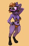 anthro big_breasts bikini breasts clothing digitigrade female front_view fur hair hand_on_hip machine neck_tuft orange_hair protogen_visor purple_body purple_eyes purple_fur raised_arm short_stack skimpy_bikini smile solo standing swimwear tuft two-piece_swimsuit sketchytoasty proton.z protogen 2024 detailed hi_res