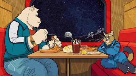anthro beverage black_body black_clothing black_fur black_shirt black_topwear blue_bottomwear blue_clothing blue_jacket blue_pants blue_topwear bottomwear brown_eyes burger cheek_tuft chicken_meat chin_tuft clock clothing condiment cosmic_background countershade_neck countershading crossed_arms cutlery dessert detailed_background duo eating facial_tuft fast_food food fried_chicken fur furniture gravy head_tuft ice_cream inner_ear_fluff inside jacket kitchen_utensils long_tail male meat moon open_mouth pants pasta pockets pupils red_clothing red_shirt red_topwear restaurant rice science_fiction shirt sitting slit_pupils space spaghetti spoon spring_roll star table tail tools topwear tuft watch whiskers white_body white_fur window wristwatch yellow_body yellow_eyes yellow_fur quasarbearcat jollibee american_black_bear bear black_bear felid feline kermode_bear leopardus mammal pampas_cat ursine 16:9 absurd_res hi_res widescreen