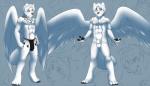 angry animal_genitalia anthro balls biped bottomwear clothing confusion ethereal feathered_wings feathers fur genitals hair loincloth male nude sad sheath smile smirk solo tribal white_body white_fur wings jailbird sebris angel canid canine canis mammal wolf digital_media_(artwork) model_sheet