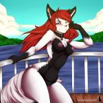 anthro blue_eyes breasts collar female genitals hair looking_at_viewer nipple_piercing nipples nude one_eye_closed piercing pussy red_hair solo natysanime leah_(lipton) canid canine fox mammal 1:1 hi_res