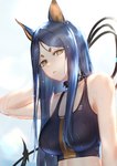 black_hair breasts brown_eyes clothing female hair long_hair looking_at_viewer markings mole_(marking) solo wet wet_body whip anming arknights hypergryph studio_montagne dobermann_(arknights) animal_humanoid canid canid_humanoid canine canis humanoid mammal mammal_humanoid 2019 absurd_res hi_res