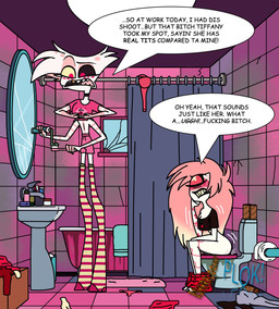 anthro being_watched bottomwear bottomwear_down brush brushing clothed clothing dialogue duo feces female freckles looking_at_another male panties_on_floor pants pants_down partially_clothed pooping profanity red_eyes text toilet toilet_paper toilet_use loogerwoui hazbin_hotel hellaverse angel_dust cherri_bomb_(hazbin_hotel) animal_humanoid arachnid arachnid_humanoid arthropod arthropod_humanoid cyclops demon humanoid spider spider_humanoid absurd_res english_text hi_res