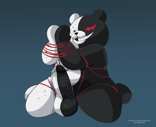 anthro balls bdsm belly black_body bodily_fluids bondage bound chibi erection genitals humanoid_genitalia humanoid_penis kneeling male multicolored_body nude overweight overweight_male penis simple_background smile solo split_color sweat teeth text vein veiny_penis white_body worried_face spunker danganronpa spike_chunsoft monokuma bear mammal 2023 digital_drawing_(artwork) digital_media_(artwork) english_text url