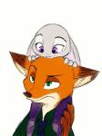 anthro black_nose clothing female fur green_eyes group male purple_eyes simple_background white_background marema_kishin disney zootopia judy_hopps nick_wilde canid canine fox lagomorph leporid mammal rabbit red_fox true_fox 2018 3:4 hi_res