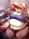 5_fingers ahoge angry anthro bar_emanata belly big_belly big_breasts biped black_collar blue_clothing blue_shirt blue_topwear blush blush_lines bottomless bottomless_anthro bottomless_female box breasts brown_body brown_fur brown_nails brown_nose buckled_collar candy candy_wrapper cheek_tuft cleavage clenched_teeth clothed clothing collar colored_nails computer computer_keyboard computer_monitor container curvy_figure cute_fangs deep_navel dessert detailed_background dipstick_ears ear_markings electronics emanata embarrassed eyewear facial_tuft fangs female female_anthro fingers flustered food front_view fur glasses hair huge_breasts humanoid_hands inner_ear_fluff inside kemono keyboard looking_at_viewer love_handles monotone_hair multicolored_body multicolored_ears multicolored_fur nails navel notebook obese obese_anthro obese_female office office_lady overweight overweight_anthro overweight_female phone red_body red_ear_tips red_ears red_fur red_hair red_inner_ear_fluff sharp_nails shirt sitting solo tail teeth thick_thighs topwear trash_can tuft voluptuous white_body white_fur wide_hips yellow_body yellow_ears yellow_fur yellow_tail nowax nintendo pokemon canid canine delphox generation_6_pokemon mammal pokemon_(species) 2024 absurd_res colored digital_media_(artwork) hi_res portrait shaded three-quarter_portrait