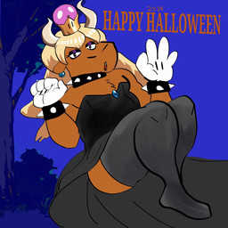 anthro big_dress black_clothing black_dress black_footwear black_lipstick black_socks blonde_hair bracelet clothed clothing collar crossdressing crown dress eyeshadow footwear gloves hair handwear headgear holiday_message holidays horn jewelry lipstick long_socks makeup male narrowed_eyes slightly_chubby slightly_chubby_male socks solo spiked_bracelet spiked_collar spikes strapless_clothing strapless_dress studs super_crown text thick_thighs tired tired_eyes white_clothing white_gloves white_handwear capivara_furra halloween mario_bros nintendo capivara_(capivara_furra) capybara caviid mammal rodent 1:1 english_text hi_res meme