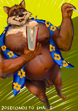 anthro balls beard bottomless bottomless_male chalk clothed clothing facial_hair flaccid floral_shirt genitals high-angle_view humanoid_genitalia humanoid_penis male male/male musclegut muscular muscular_male nude open_clothing open_shirt open_topwear penis professor shirt side_beard slightly_chubby slightly_chubby_male solo standing teacher textbook topwear 20secondstoshame alfonso_(nanoff) mammal procyonid raccoon hi_res