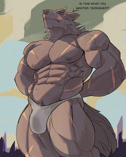 abs anthro barazoku biceps big_bulge big_muscles big_pecs black_sclera bulge clothed clothing deltoids facial_scar fur grey_body grey_fur male muscular muscular_anthro muscular_male pecs purple_eyes scar scars_all_over solo text underwear underwear_only rolenzoart elden_ring fromsoftware blaidd_(elden_ring) canid canine canis mammal wolf english_text hi_res