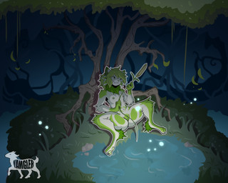 anthro belt cattail_(plant) detailed_background female forest forest_background fur genitals green_body green_eyes green_hair hair leaf mangrove_tree night nipples nude plant rock shortstack shortstack_female shrub sitting solo swamp tree vulva water yamgler aquatic arthropod beetle elateroid felid feline firefly insect mammal 5:4 absurd_res hi_res