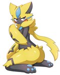 ambiguous_gender anthro black_body blue_body blue_eyes blue_pawpads blush butt cute_fangs fangs fur iris kneeling looking_at_viewer pawpads pupils simple_background solo tailless teeth white_background yellow_body yellow_butt yellow_ears yellow_fur sum nintendo pokemon felid generation_7_pokemon legendary_pokemon mammal pokemon_(species) zeraora 2022 full-length_portrait hi_res portrait