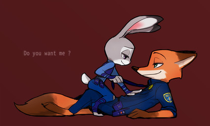 anthro bottomwear clothed clothing dipstick_ears duo ear_markings fully_clothed fur green_eyes grey_body grey_fur leg_markings looking_at_another markings multicolored_ears necktie pants pink_nose police police_uniform purple_eyes question_mark red_background scut_tail shirt short_tail side_view simple_background smile socks_(marking) straddling tail text toeless_legwear topwear uniform tomatoztp disney zootopia judy_hopps nick_wilde canid canine fox lagomorph leporid mammal rabbit red_fox true_fox 2017 english_text