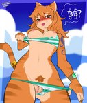 5_fingers anthro areola bikini bikini_bottom bikini_bottom_aside bikini_bottom_pull bikini_top bikini_top_pull blush breasts brown_body brown_eyes brown_fur brown_hair brown_tail claws clothed clothed_anthro clothed_female clothing cloud countershade_torso countershading day exposed_breasts female finger_claws fingers fur genitals hair looking_at_viewer low-angle_view markings navel nipples pubes pussy sky smile solo standing striped_body striped_fur striped_markings striped_tail stripes swimwear tail tail_markings two-piece_swimsuit amazinggwen domestic_cat felid feline felis mammal 2025 absurd_res digital_media_(artwork) hi_res