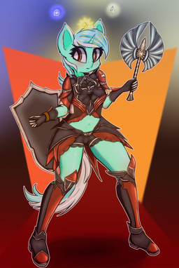 anthro armor axe clothing female horn melee_weapon shield solo weapon mistleinn friendship_is_magic hasbro lineage_(series) my_little_pony mythology human_(lineage) lyra_heartstrings_(mlp) equid equine horse mammal mythological_creature mythological_equine pony unicorn 2019 crossover digital_media_(artwork) hi_res