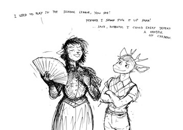anthro bodily_fluids clothing crossed_arms dialogue dress duo eyewear female glasses gloves hand_fan handwear male sweat text hladilnik mary_ann_(hladilnik) matthew_(hladilnik) american_opossum bovid caprine goat mammal marsupial sheep virginia_opossum 2026 black_and_white comic english_text hi_res monochrome sketch