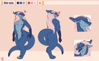 anthro blue_body blue_horn blue_scales butt claws color_swatch finger_claws hair horn horn_jewelry horn_ring jewelry long_hair male multicolored_body multicolored_scales multiple_angles nipples pecs red_eyes ring_(jewelry) scales side_view simple_background smile solo standing toe_claws two_tone_body two_tone_scales white_background white_hair yellow_claws maxydont virgil_(maxydont) kobold scalie 2022 hi_res model_sheet signature