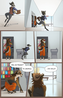 anthro barefoot biped black_nose brown_body brown_eyes brown_fur cheek_tuft clothed clothed_anthro clothing dialogue drinking_fountain dropping_object duo facial_tuft feet fluffy fluffy_tail fur grey_body grey_fur hat head_tuft headgear headwear inside machine male multicolored_body multicolored_fur pointy_ears prick_ears running running_away snout speech_bubble tail tan_body tan_fur text tuft tusks vending_machine yellow_sclera falco_works indy_(justroadkill) pen_(falco_works) canid canine canis cervine coyote deer mammal tufted_deer 2023 comic digital_media_(artwork) english_text hi_res
