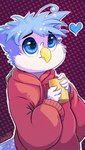 beak big_eyes blue_body blue_eyes blue_fur blue_heart clothing cocoa_(food) container cup fur heart_symbol hoodie looking_forward looking_up mug multicolored_body outline simple_background topwear two_tone_body animancer liam_(zacnate) zacnate avian bird owl hi_res