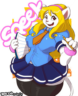 anthro blonde_hair bracelet breasts clothing dual_holding female fur hair heart_eyes heart_symbol holding_object holding_pencil holding_writing_utensil jewelry necktie open_mouth pencil_(object) red_eyes solo thick_thighs uniform white_body white_fur wide_hips writing_utensil dedoarts squeek house_mouse mammal mouse murid murine rodent 2015 portrait three-quarter_portrait