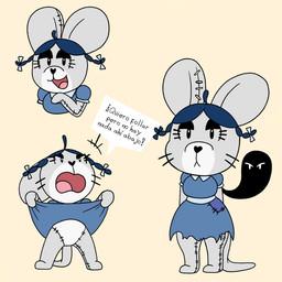 anthro clothed clothing dress eyelashes eyeshadow featureless_crotch female humor looking_at_viewer makeup null plushie simple_background smile solo text upskirt mr_harinezumi annie_(el_senor_erizo) animate_inanimate ghost living_plushie mammal mouse murid murine rodent spirit 1:1 hi_res spanish_text translated