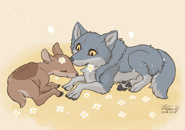 4_toes ambiguous_gender black_nose black_pawpads blush brown_body brown_fur countershading duo eyes_closed feet feral flower fur grey_body grey_fur hooves lying multicolored_body pawpads paws plant quadruped simple_background smile tail toes unguligrade yellow_eyes fusau arthropod canid canine canis deer mammal wolf 2024 digital_media_(artwork) signature