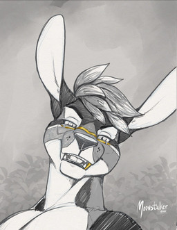 anthro fangs front_view gold_(metal) gold_tooth hair half-closed_eyes long_ears looking_at_viewer male male_anthro narrowed_eyes nude_anthro nude_male open_mouth plant pose sharp_teeth short_hair shrub solo teeth tongue richard_foley kangaroo macropod mammal marsupial 2025 bust_portrait dated digital_drawing_(artwork) digital_media_(artwork) greyscale hatching_(art) hi_res monochrome portrait shaded signature spot_color