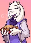 anthro dessert female food fur horn long_ears pastry pie simple_background solo white_body white_fur veggie55 undertale undertale_(series) toriel boss_monster_(undertale) bovid caprine mammal absurd_res digital_media_(artwork) hi_res