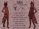 anthro brown_body brown_fur brown_hair female fur hair piercing solo tattoo text toxic_tragedy kariatenma demon mammal procyonid raccoon 4:3 english_text hi_res model_sheet trans_(lore) trans_woman_(lore)