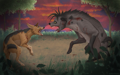 afternoon angry black_body black_fur blood blood_drip blood_in_mouth blood_on_face blood_on_ground bodily_fluids dripping duo fangs female feral fight fighting_pose fur grass grey_body grey_fur leg_markings markings nature plant pose saliva saliva_string sharp_fangs sharp_teeth snarling socks_(marking) spots spotted_body spotted_fur sunset tan_body tan_fur teeth tree violence wounded nicotine-mayhem disney the_lion_guard the_lion_king reirei_(the_lion_guard) shenzi_(the_lion_king) canid canine canis hyena jackal mammal spotted_hyena 2021