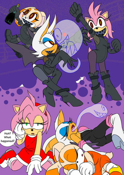 anthro black_clothing clothed clothing confusion dancing dialogue female female_anthro flirting possession sharp_teeth simple_background speech_bubble teeth text thin_thighs rhaokja sega sonic_the_hedgehog_(series) amy_rose cream_the_rabbit possessed_amy_rose rouge_the_bat bat boo_(sonic) eulipotyphlan ghost hedgehog lagomorph leporid mammal rabbit spirit comic english_text hi_res