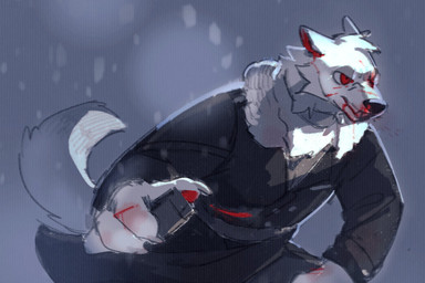 anthro black_clothing black_coat black_nose black_topwear blood bodily_fluids bottomwear cheek_tuft clothed clothing coat facial_tuft fur grey_bottomwear grey_clothing head_tuft male mouth_closed narrowed_eyes neck_tuft nosebleed red_eyes simple_background solo topwear tuft unsigned white_body white_fur wounded asnnonaka mirko_(asnnonaka) canid canine canis mammal wolf half-length_portrait portrait