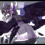 1:1 2016 black_pawpads canid canine canis female feral fur grey_body grey_fur hi_res hybrid kemono looking_back mammal monokuro open_mouth pawpads red_eyes snout solo star teeth wings wolf yellow_sclera